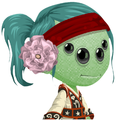 Character avatar from the MMO Glitch, showing a green-skinned elf with teal hair in a ponytail and four large spider-ish eyes.