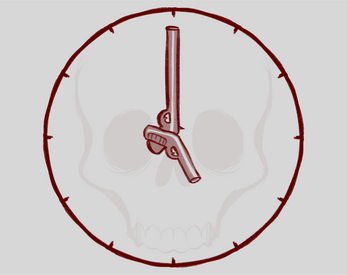 A clock with a skull in the background, showing 4:00, with guns as the hour and minute hands.